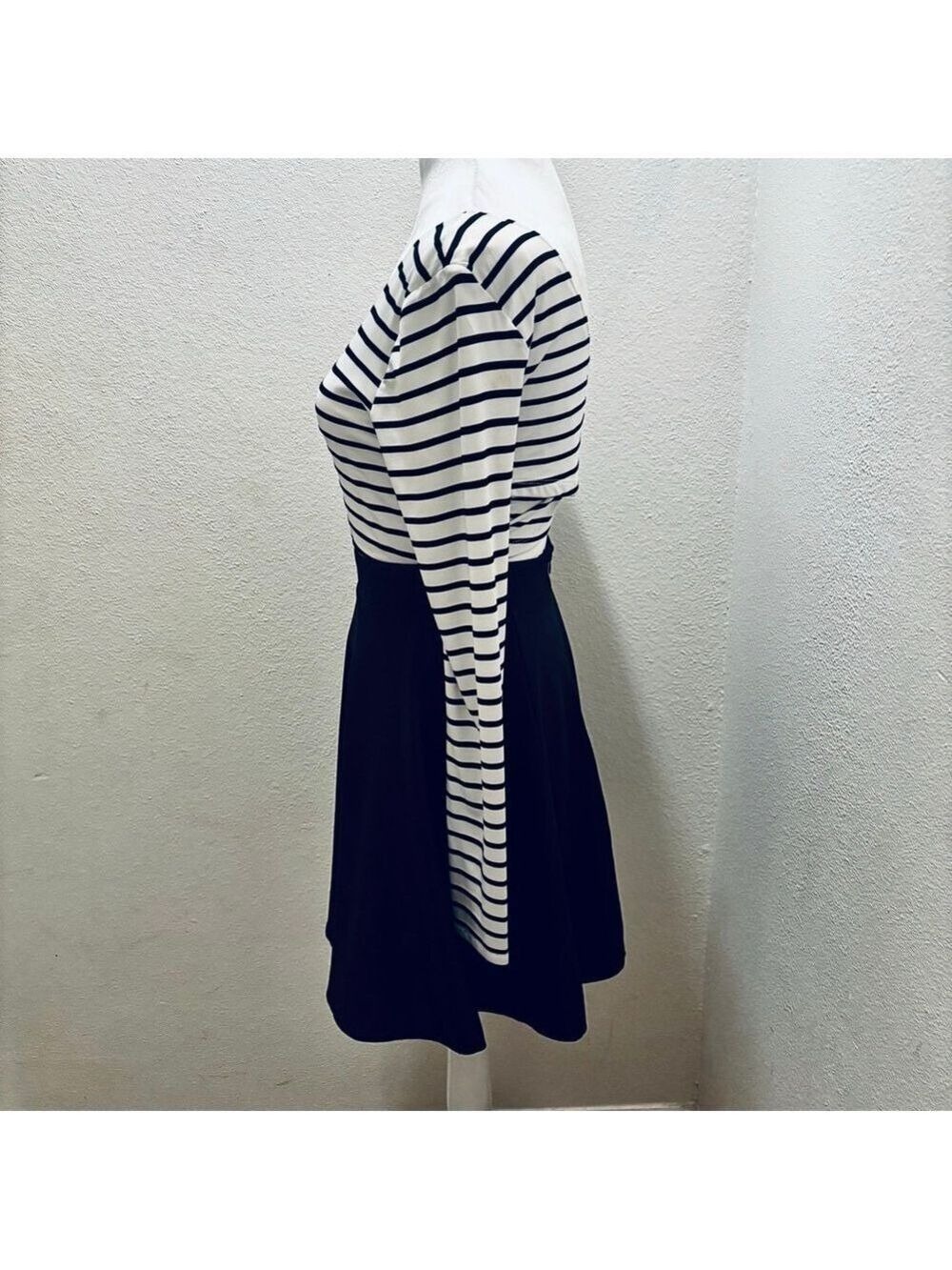 GUESS Black and White Striped Long Sleeve Fit and Flare Dress - Picture 7 of 14